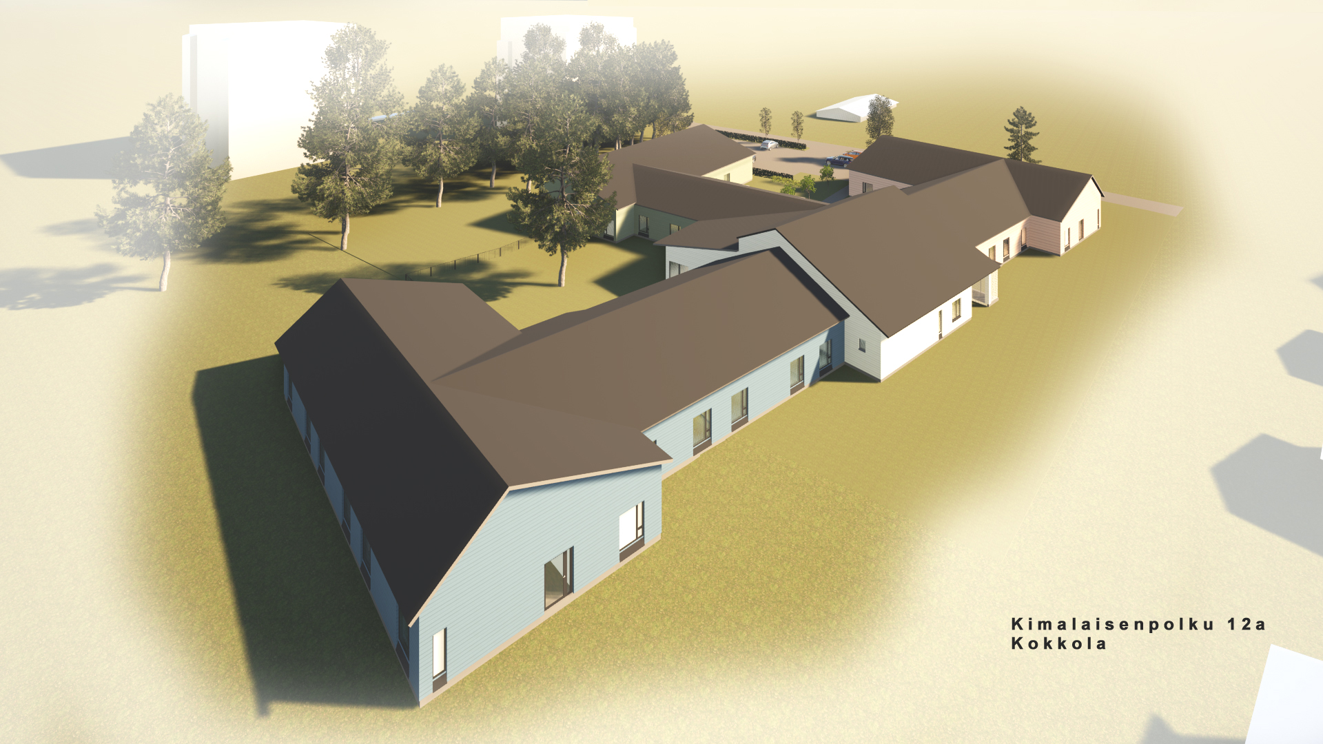Piirretty havainnekuva hoivakodista Mainiokoti Koivunkajo. Rakennus ilmasta.