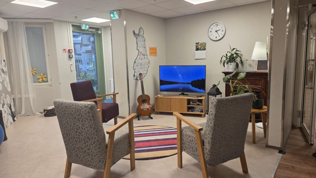 Oleskelunurkkaus, jossa on nojatuoleja, televisio ja viherkasveja.