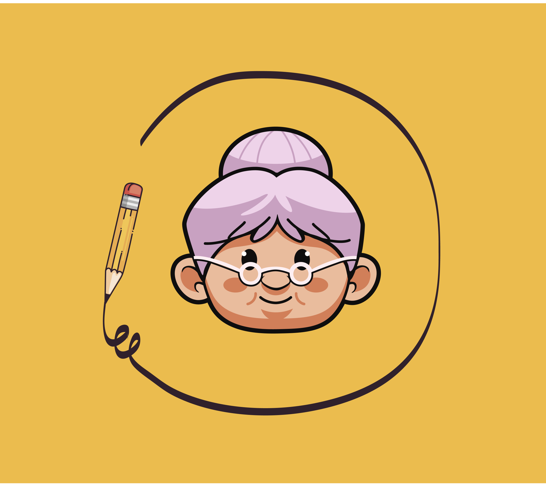 Kuvituskuva vanhasta naisesta joka on kynällä piirtänyt viivan