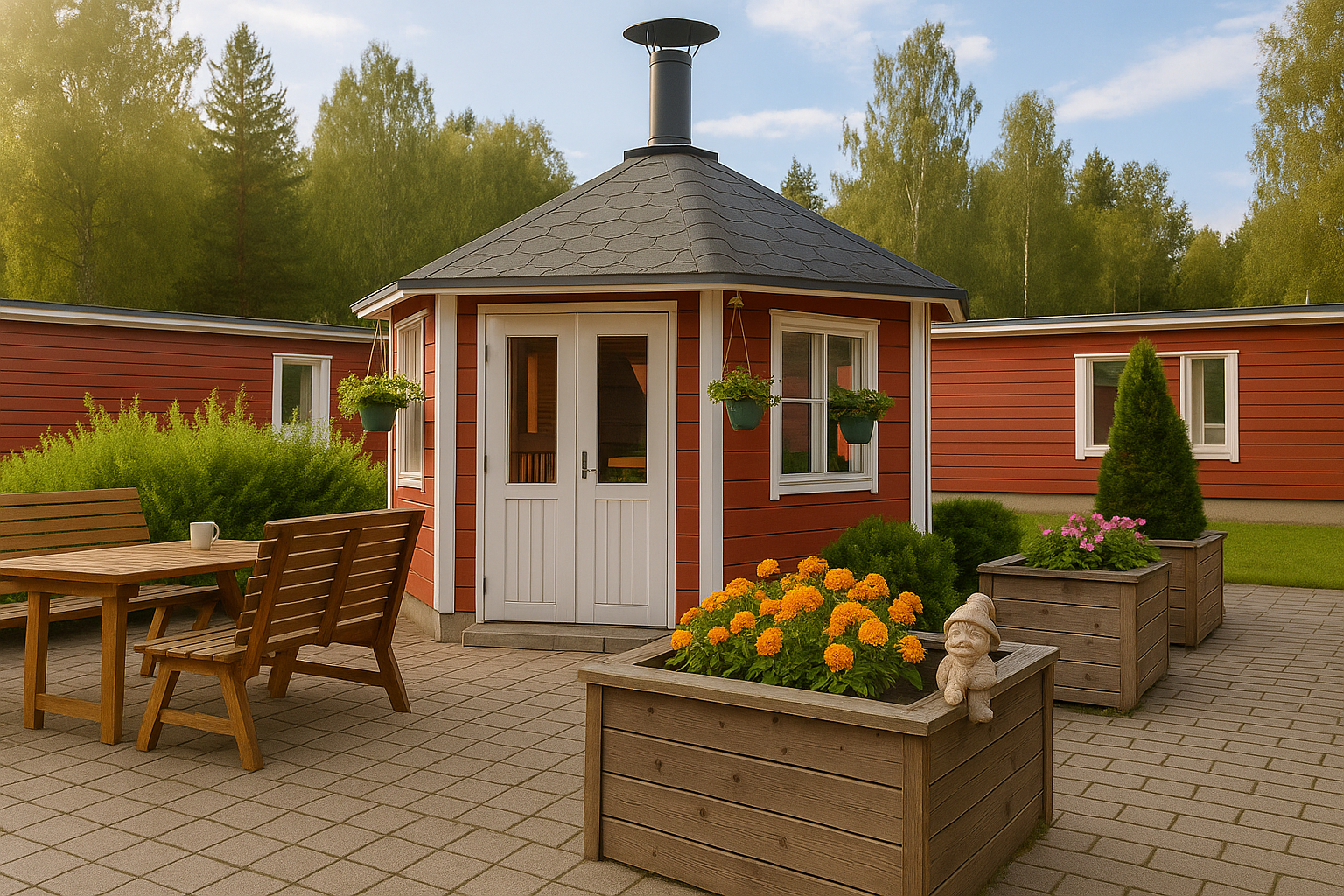 Mainiokoti pellavan ulkorakennuksia