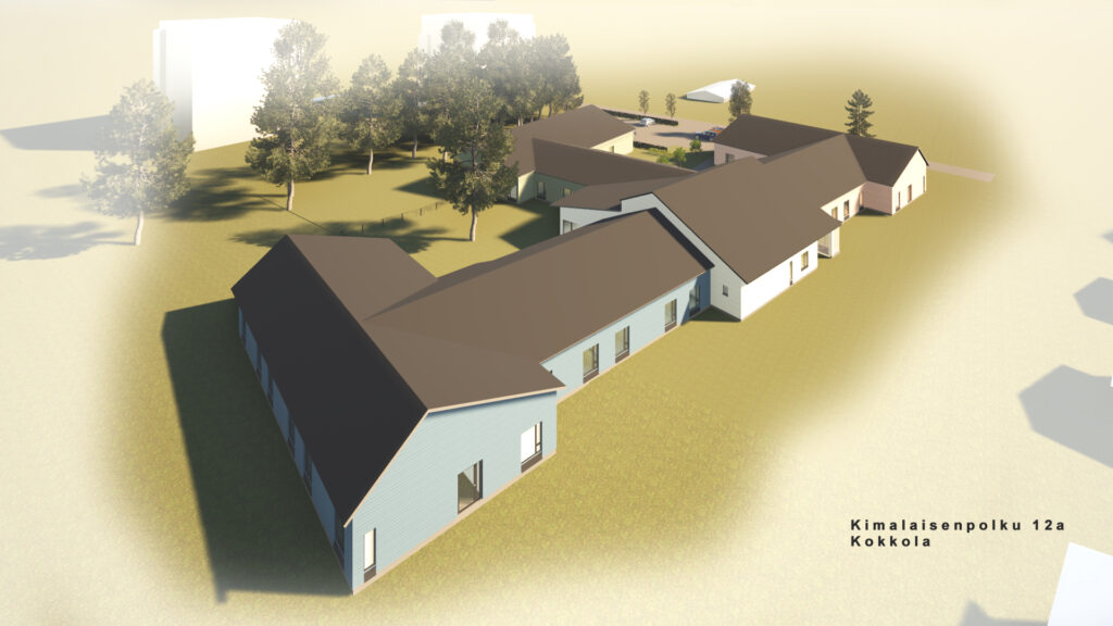 Piirretty havainnekuva hoivakodista Mainiokoti Koivunkajo. Rakennus ilmasta.