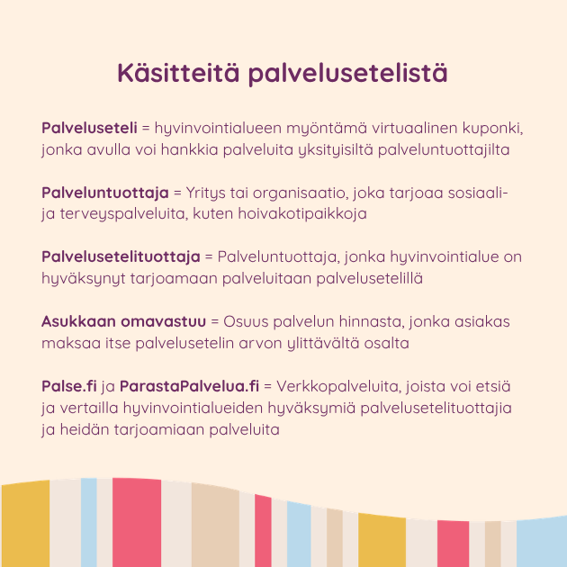 Käsitteitä palvelusetelistä. Palveluseteli = hyvinvointialueen sitoumus, jonka avulla voi hankkia palveluita yksityisiltä palveluntuottajilta. Palveluntuottaja = Yritys tai organisaatio, joka tarjoaa sosiaali- ja terveyspalveluita, kuten hoivakotipaikkoja. Palvelusetelituottaja = Palveluntuottaja, jonka hyvinvointialue on hyväksynyt tarjoamaan palveluitaan palvelusetelillä. Asukkaan omavastuu = Osuus palvelun hinnasta, jonka asiakas maksaa itse palvelusetelin arvon ylittävältä osalta. Palse.fi ja ParastaPalvelua.fi = Verkkopalveluita, joista voi etsiä ja vertailla hyvinvointialueiden hyväksymiä palvelusetelituottajia ja heidän tarjoamiaan palveluita.