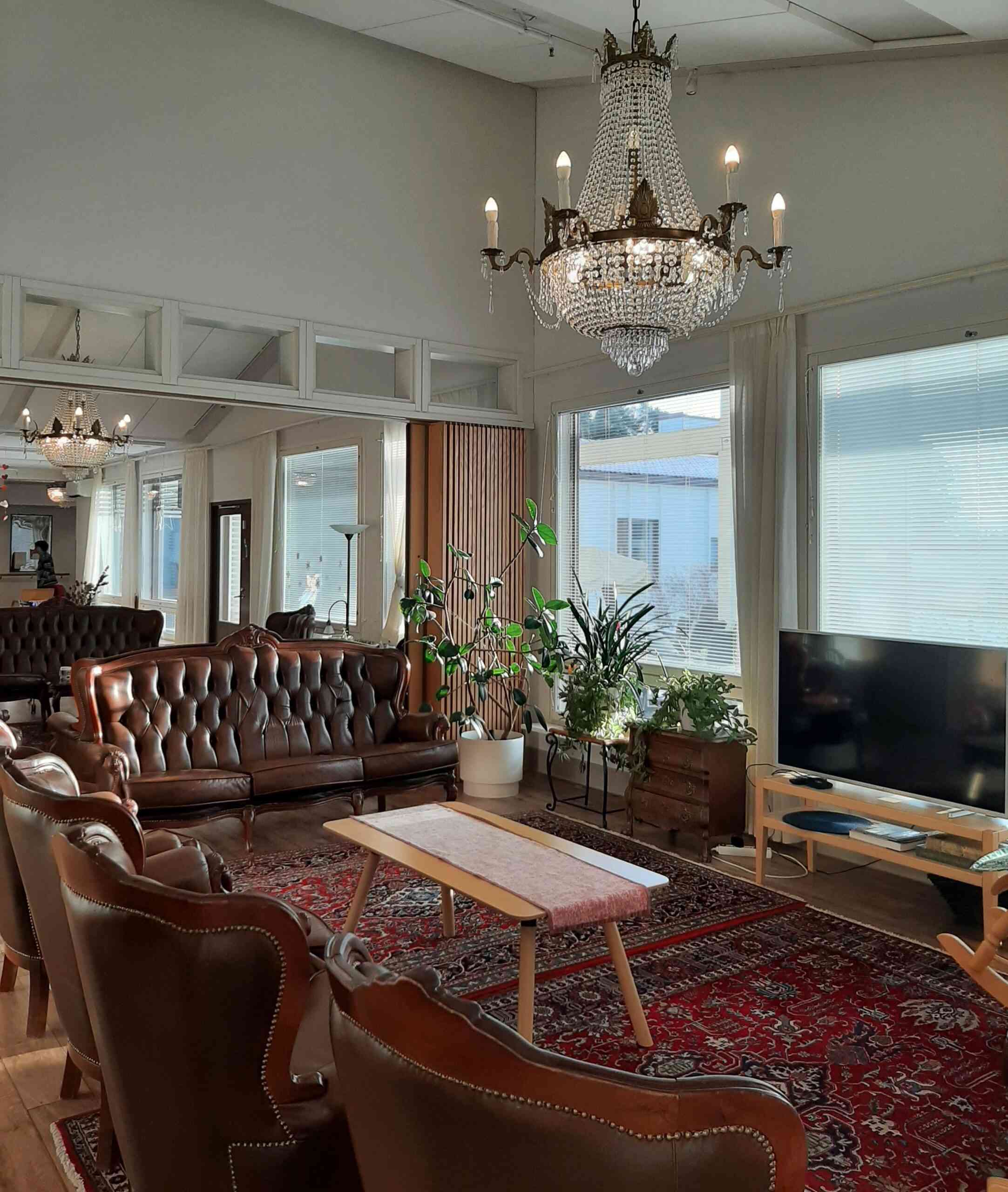 Mainiokoti Arwolan aatos: Kuva olohuoneesta jossa nahkasohvat, kasveja, punainen matto